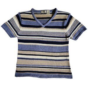 Ashly Brent Blue Beige Striped V Neck Knit Short Sleeve Sweater Top Sz S